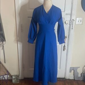 SHEIN Cobalt Blue Long Sleeve V-Neck Midi Dress with Pleated Skirt